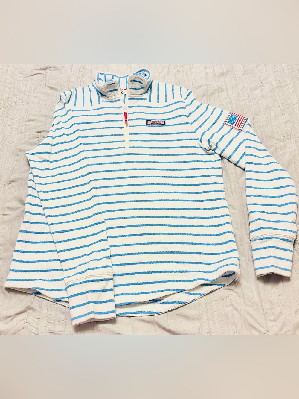 Vineyard Vines White and Light Blue Striped Quarter-Zip Pullover